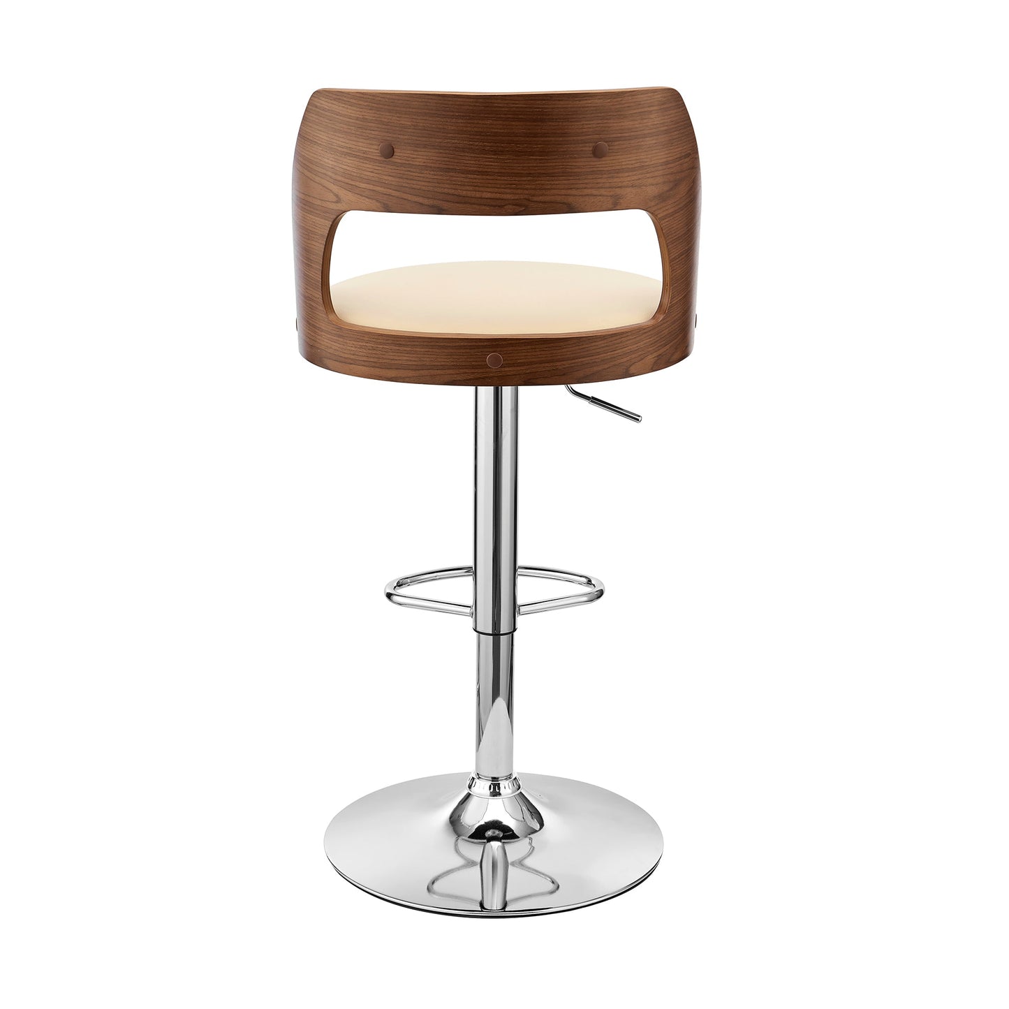 Paulo Adjustable Swivel Faux Leather and Wood Bar Stool with Chrome and Black Base