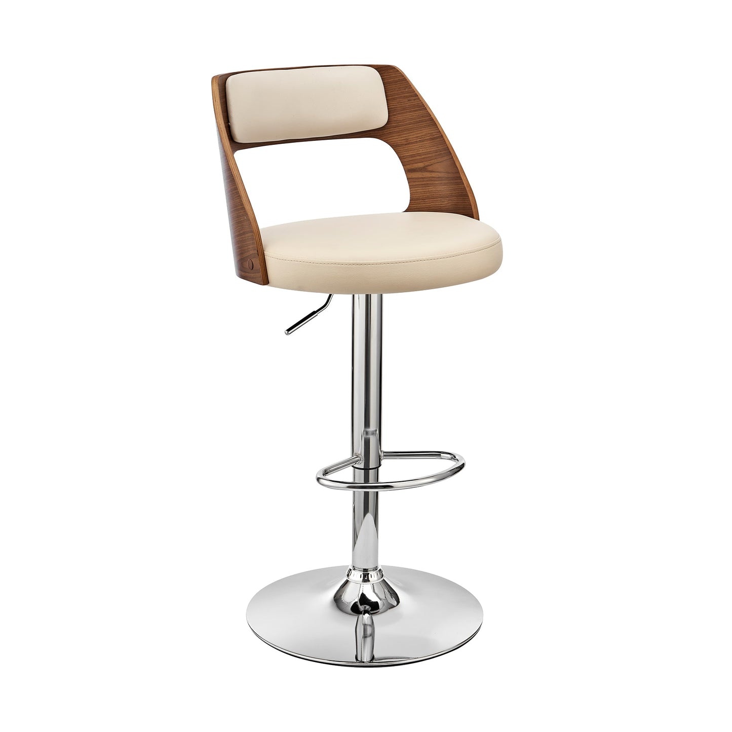 Paulo Adjustable Swivel Faux Leather and Wood Bar Stool with Chrome and Black Base