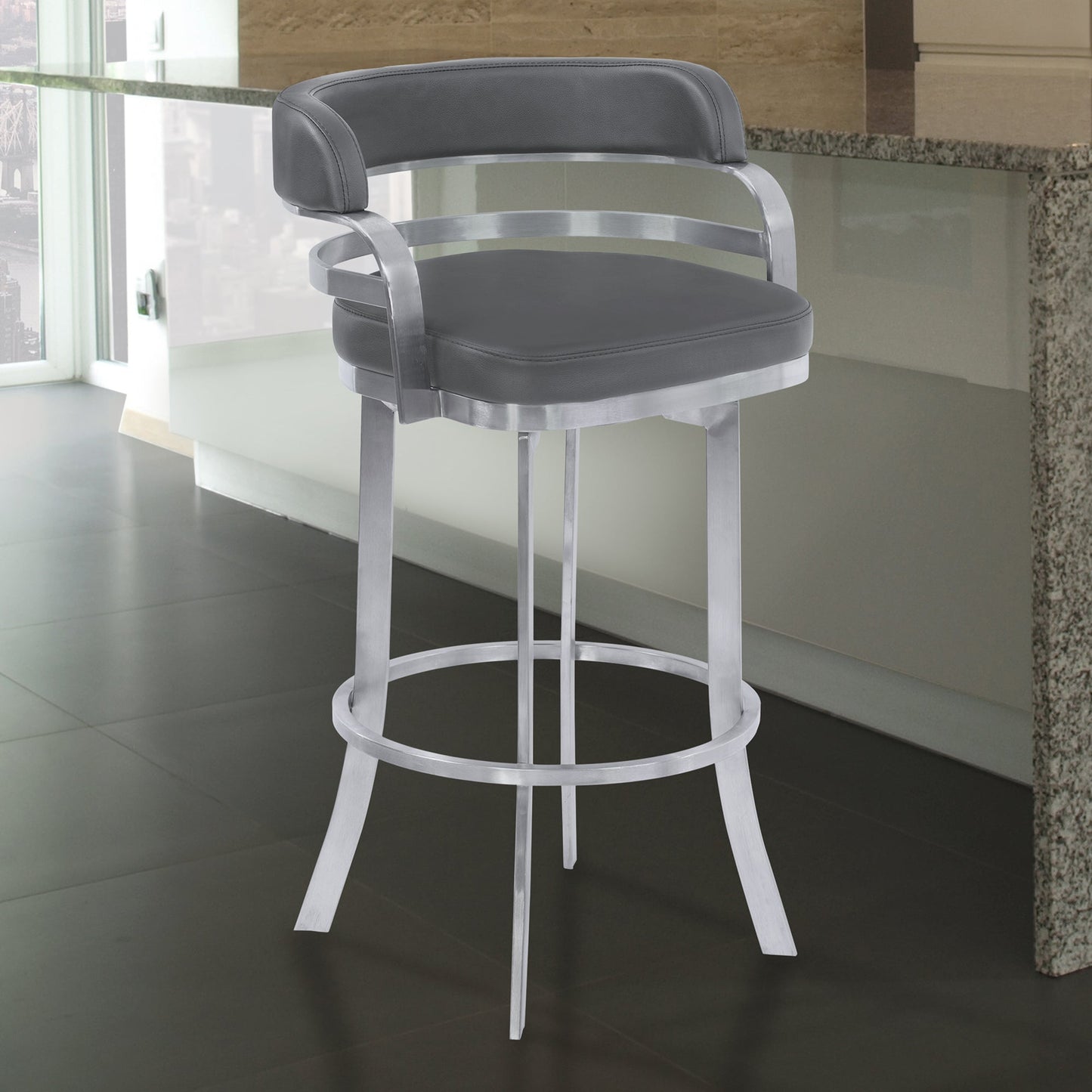 Prinz Counter and Bar Height Swivel Faux Leather Bar Stool with Brushed Stainless Steel