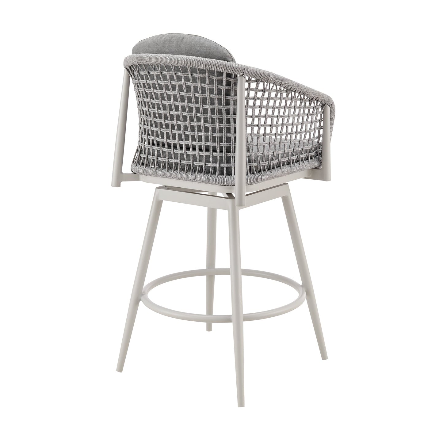 Rhodes Outdoor Patio Swivel Stool in Aluminum with Light Gray Rope and Cushions