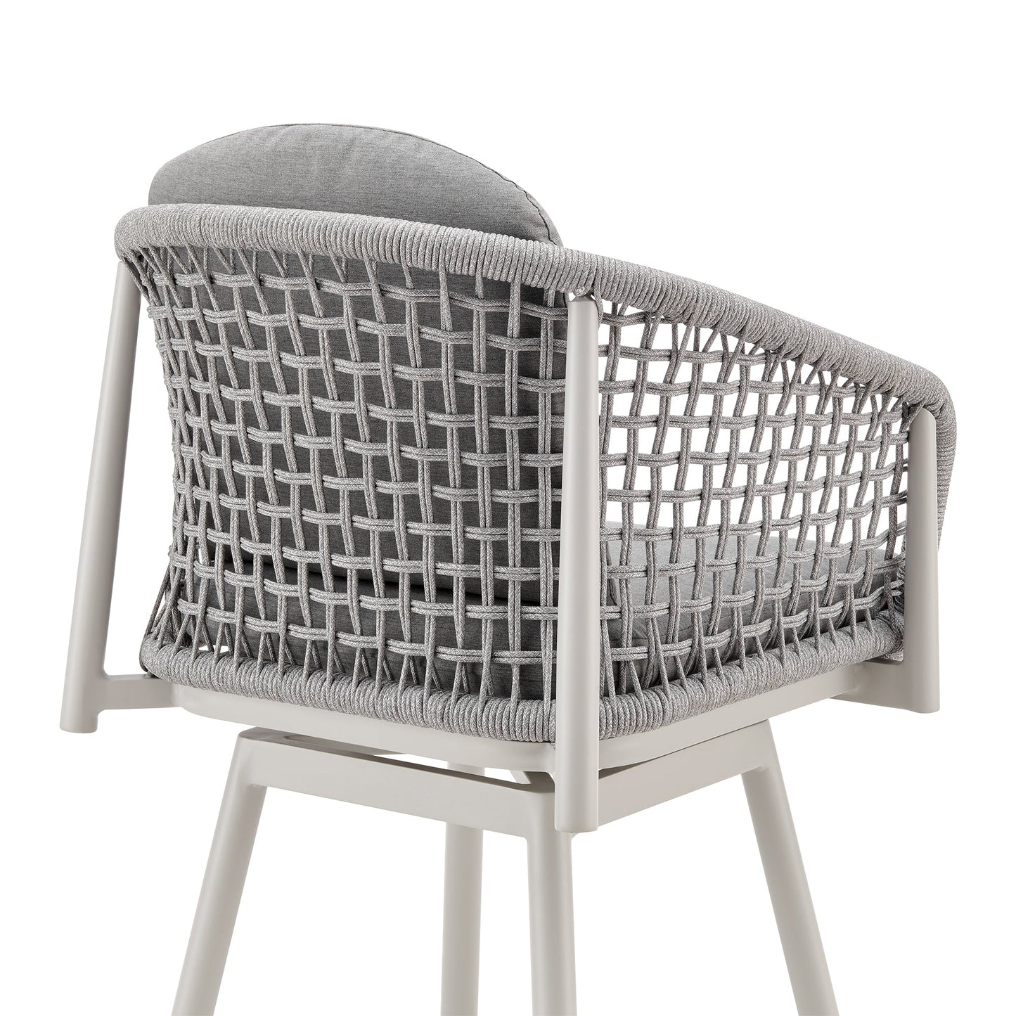 Rhodes Outdoor Patio Swivel Stool in Aluminum with Light Gray Rope and Cushions