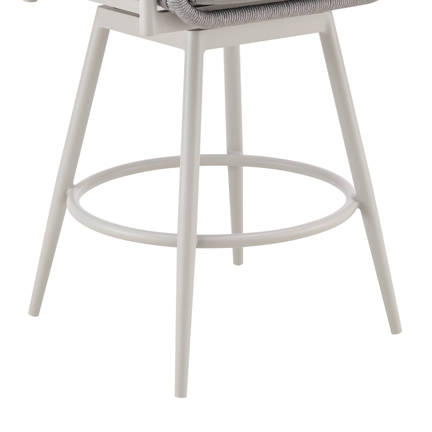 Rhodes Outdoor Patio Swivel Stool in Aluminum with Light Gray Rope and Cushions