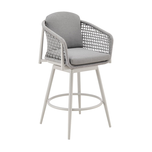 Rhodes Outdoor Patio Swivel Stool in Aluminum with Light Gray Rope and Cushions