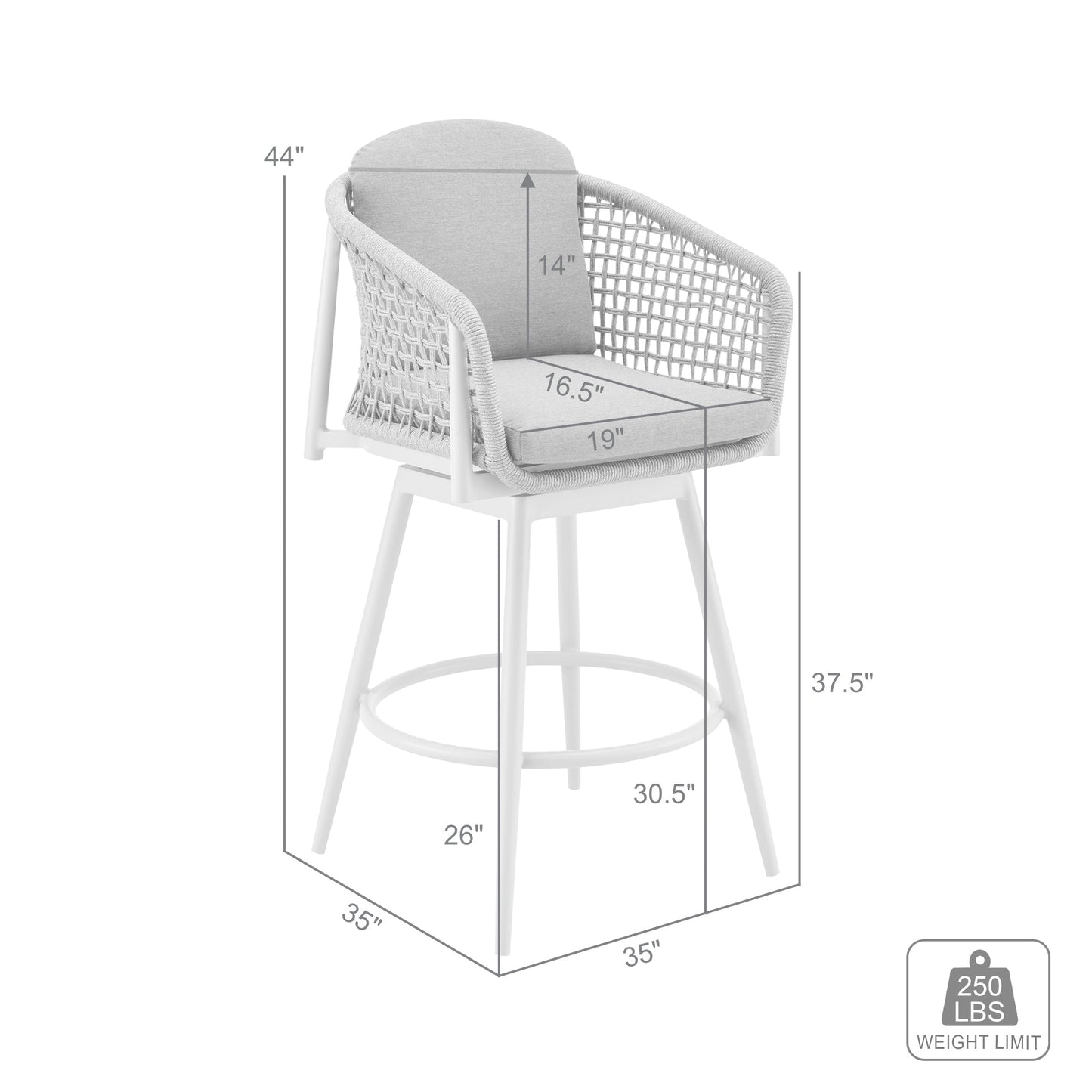 Rhodes Outdoor Patio Swivel Stool in Aluminum with Rope and Cushions