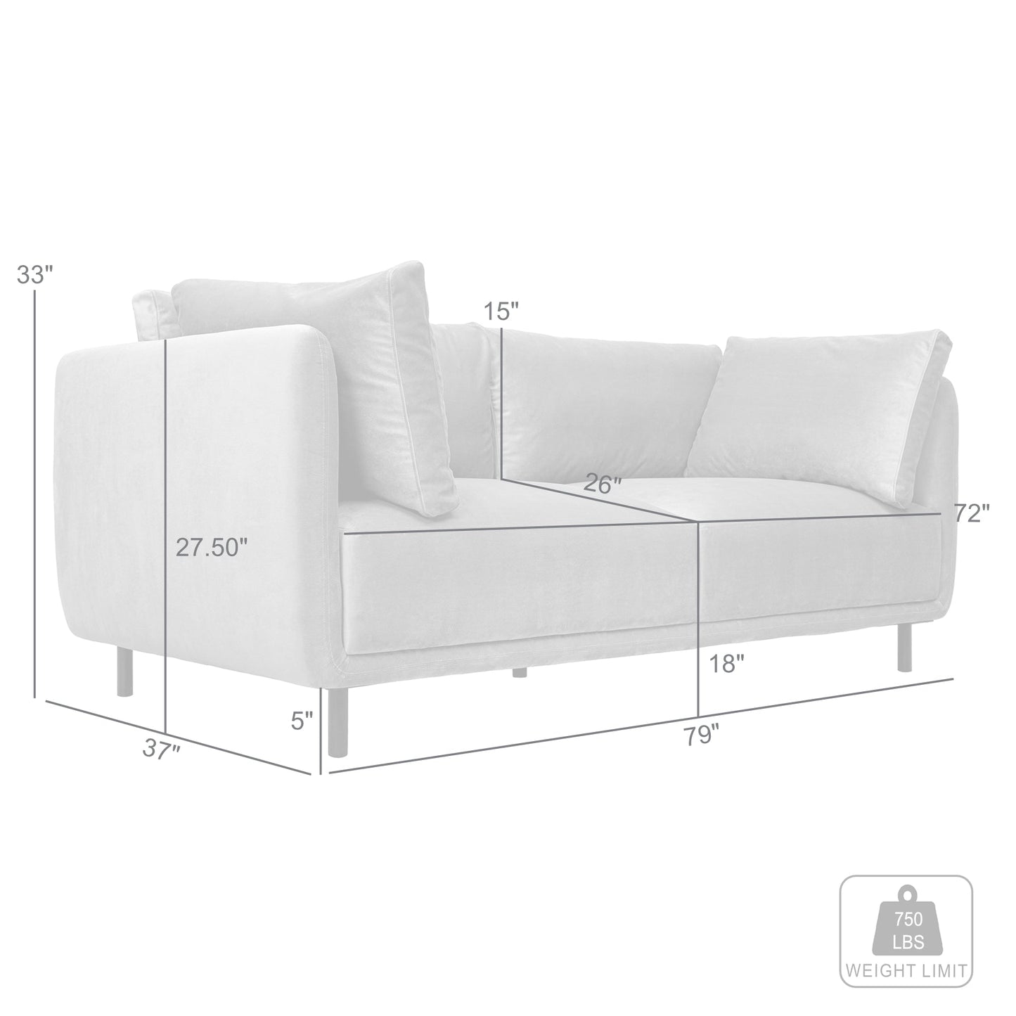 Serenity 79" Fossil Gray Velvet Sofa with Black Metal Legs