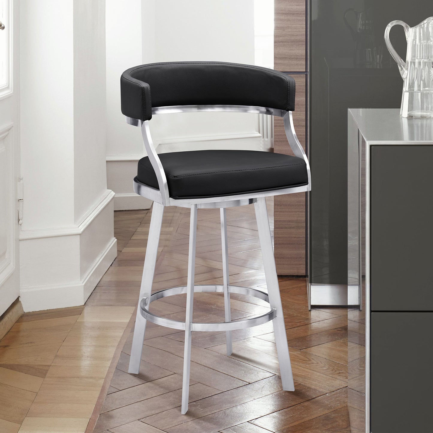 Saturn Swivel Faux Leather and Brushed Stainless Steel Bar Stool