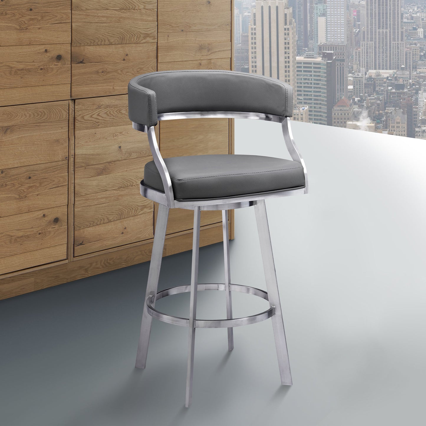 Saturn Swivel Faux Leather and Brushed Stainless Steel Bar Stool