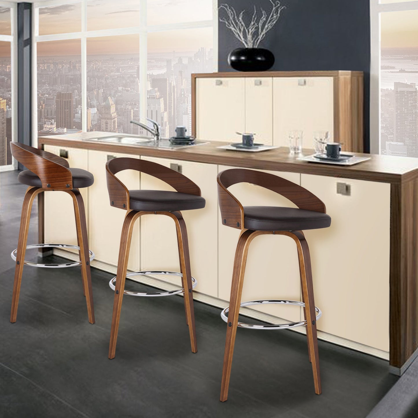 Sonia Swivel Faux Leather and Wood Bar Stool in Counter and Bar Height