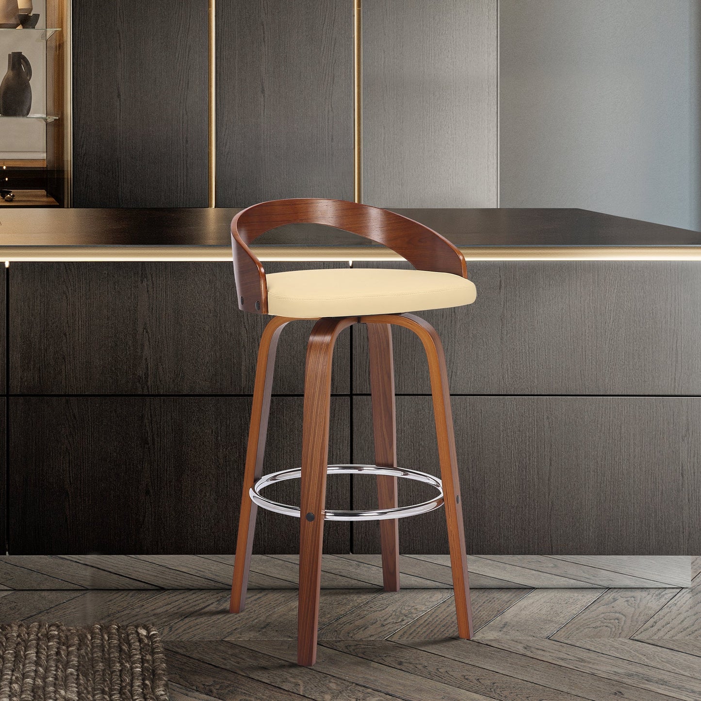 Sonia Swivel Faux Leather and Wood Bar Stool in Counter and Bar Height