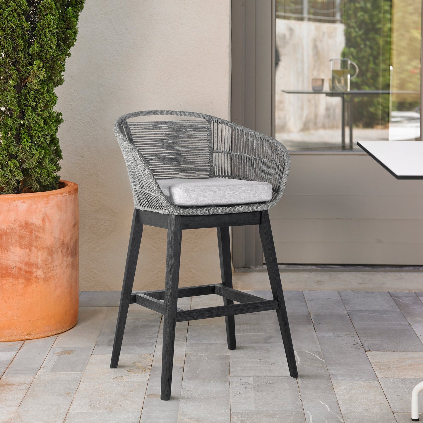 Tutti Frutti Indoor Outdoor Bar and Counter Height Bar Stool in Eucalyptus Wood with Gray Rope
