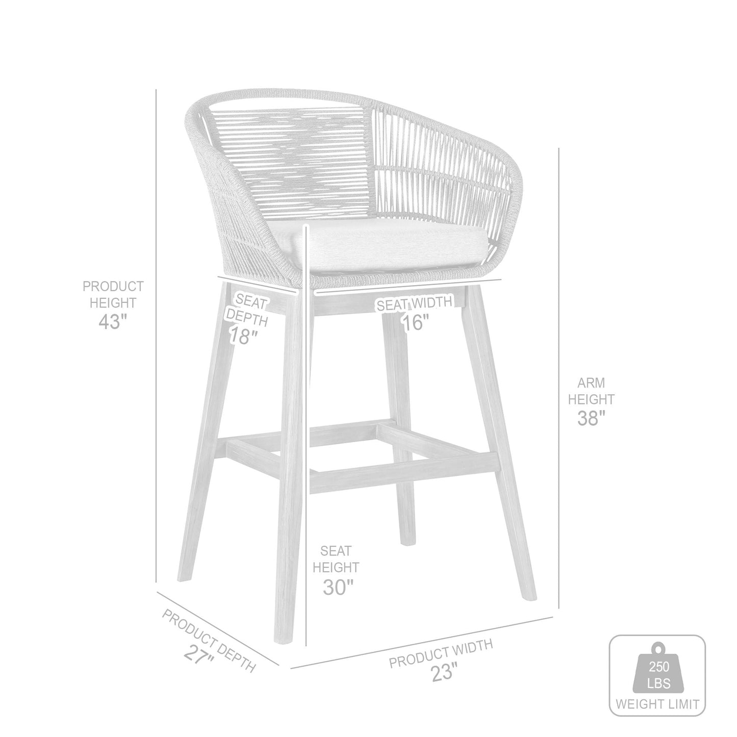 Tutti Frutti Indoor Outdoor Bar and Counter Height Bar Stool in Eucalyptus Wood with Gray Rope