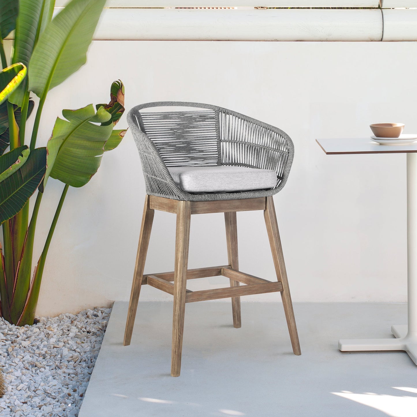 Tutti Frutti Indoor Outdoor Bar and Counter Height Bar Stool in Eucalyptus Wood with Gray Rope