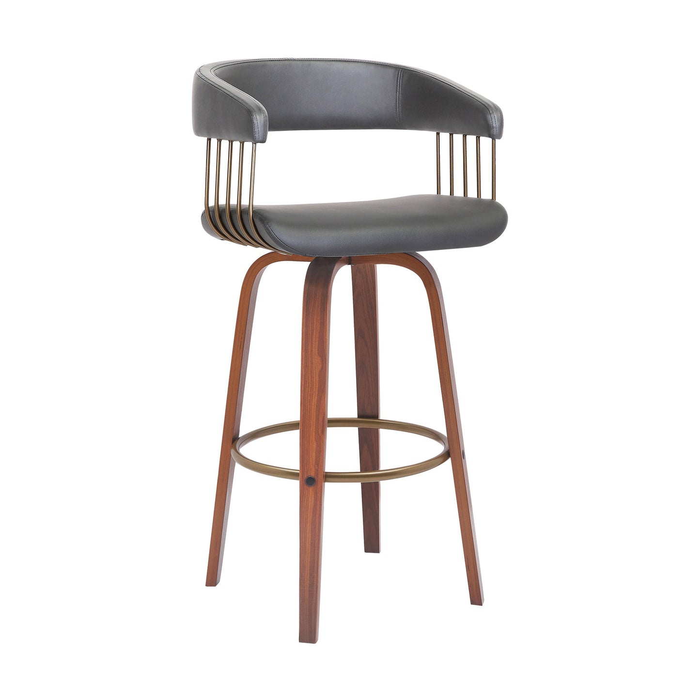 Topanga 30.5" Swivel Wood Bar Stool with Faux Leather and Golden Bronze Metal
