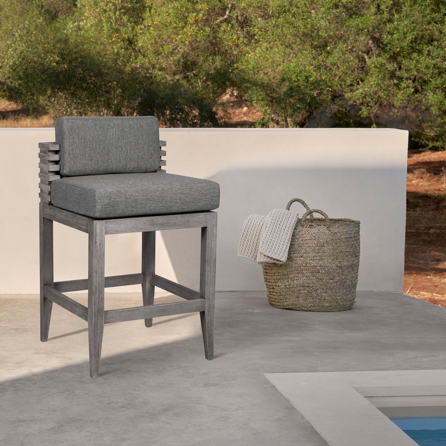 Vivid Outdoor Patio Bar and Counter Stool in Eucalyptus Wood with Olefin Cushions