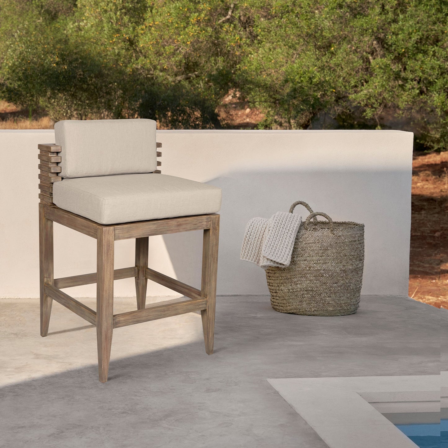 Vivid Outdoor Patio Bar and Counter Stool in Eucalyptus Wood with Olefin Cushions