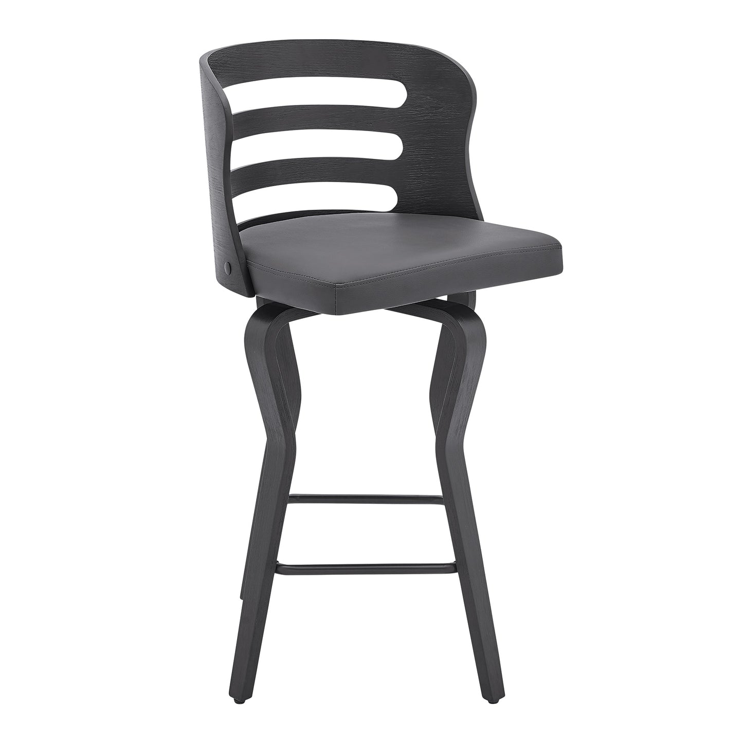 Verne Swivel Gray Faux Leather Bar Stool with Wood Base