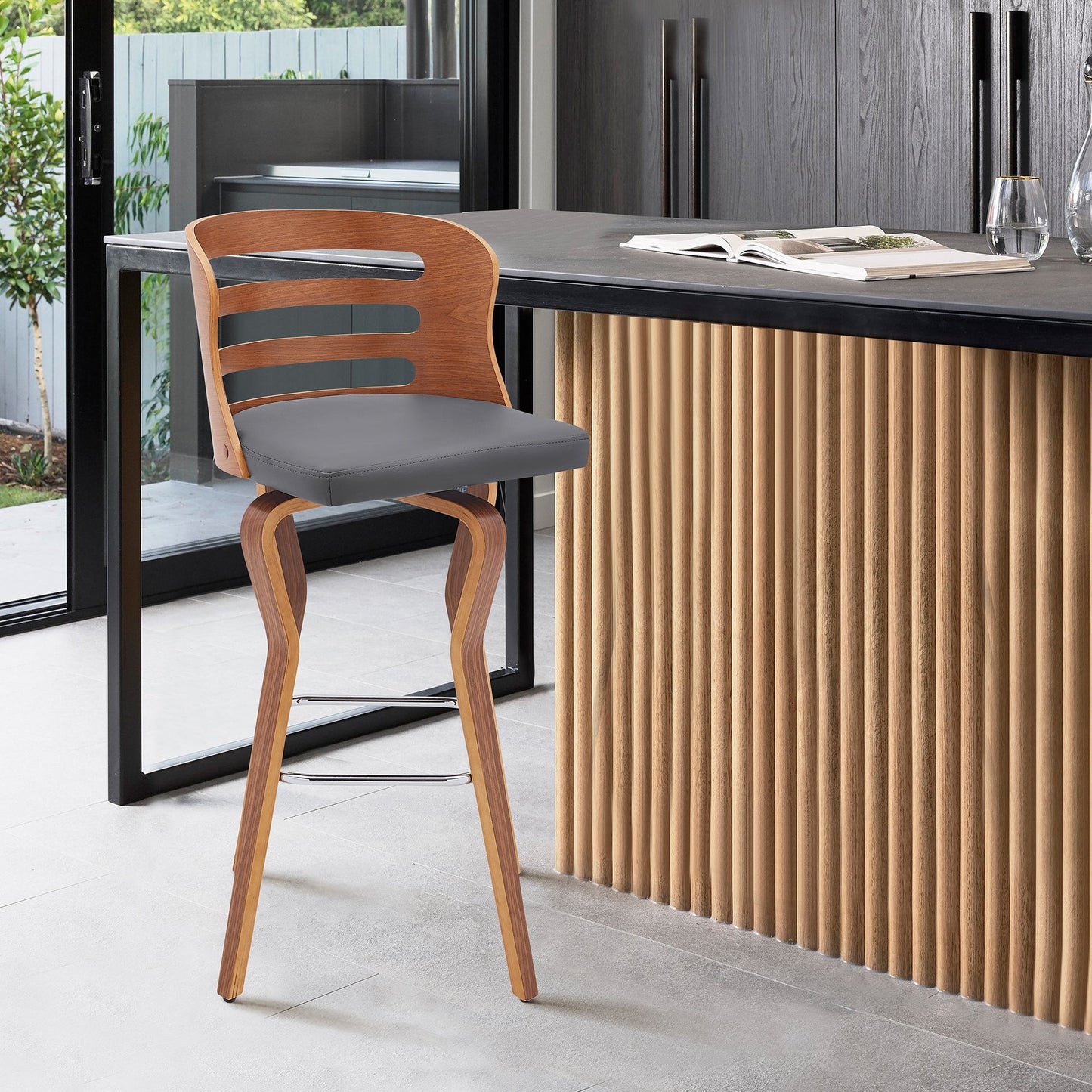 Verne Swivel Gray Faux Leather Bar Stool with Wood Base