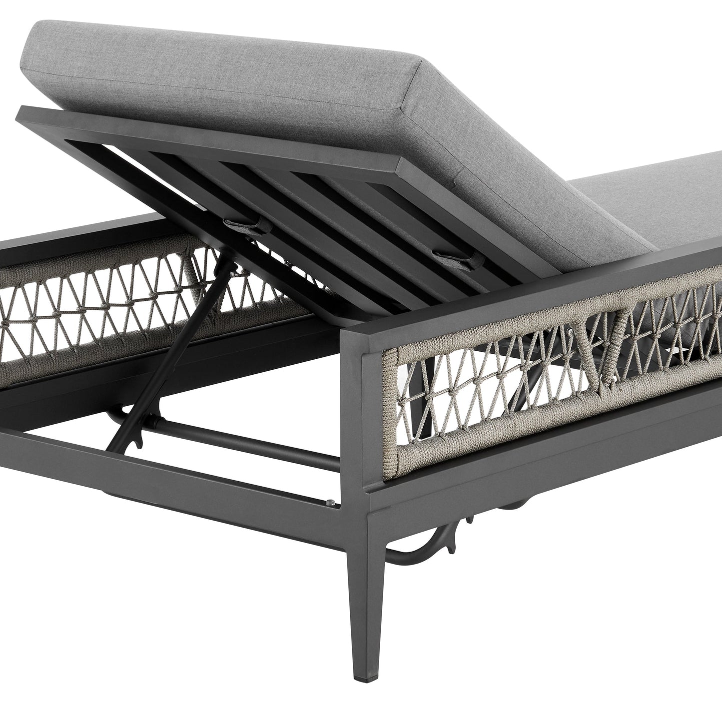 Zella Outdoor Patio Chaise Lounge Chair in Aluminum with Gray Rope and Earl Gray Cushions