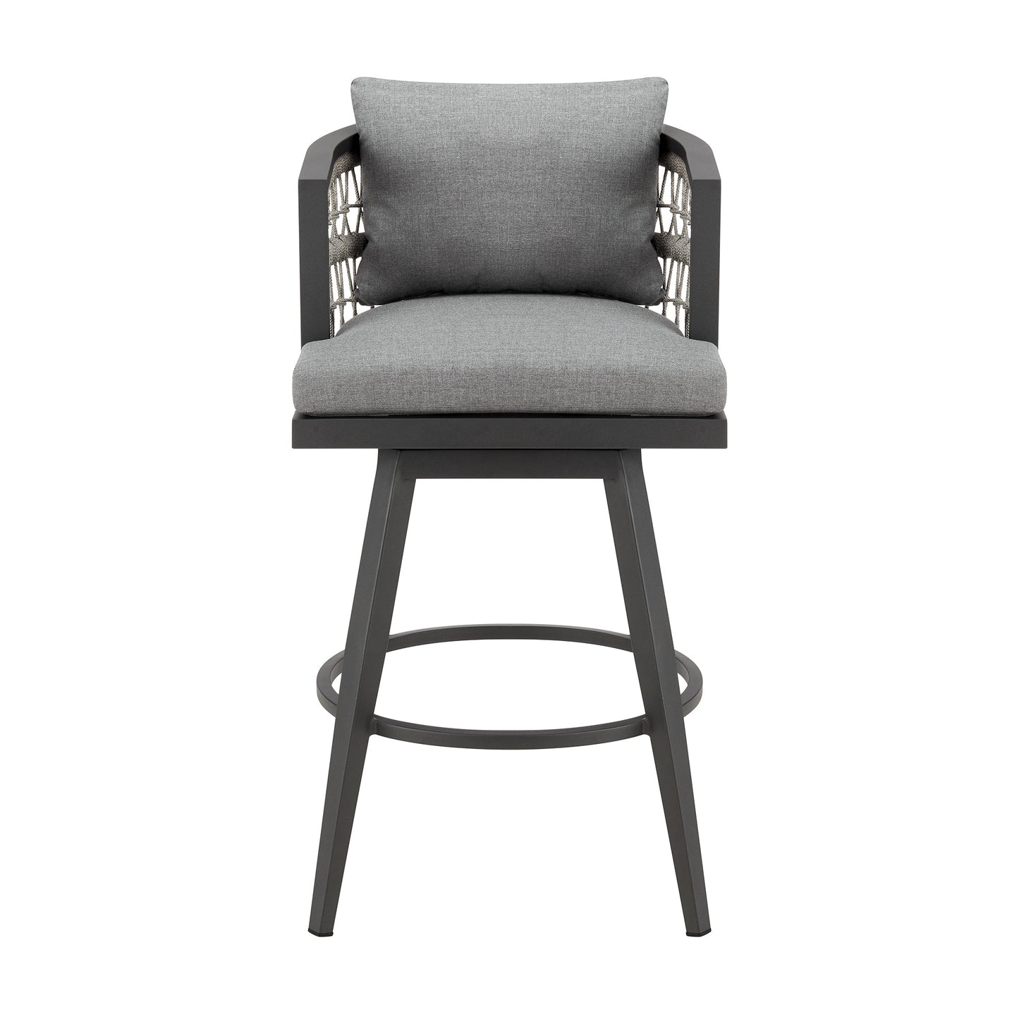 Zella Outdoor Patio Swivel and Counter Stool in Aluminum with Light Gray Rope and Cushions
