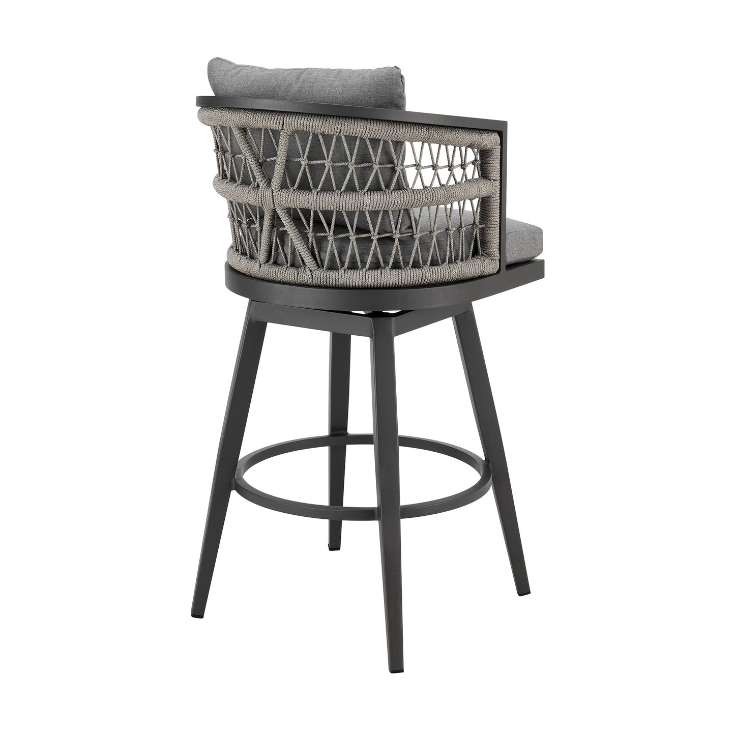 Zella Outdoor Patio Swivel and Counter Stool in Aluminum with Light Gray Rope and Cushions
