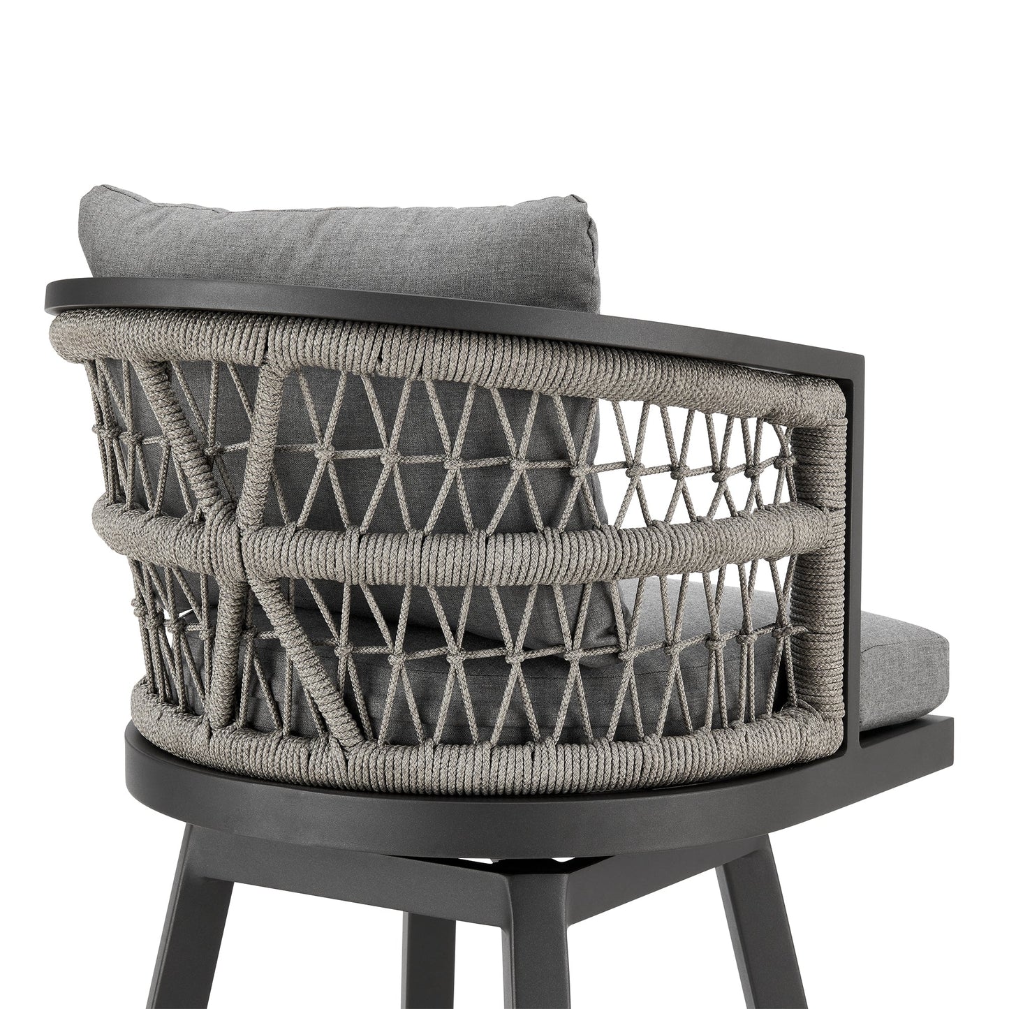 Zella Outdoor Patio Swivel and Counter Stool in Aluminum with Light Gray Rope and Cushions