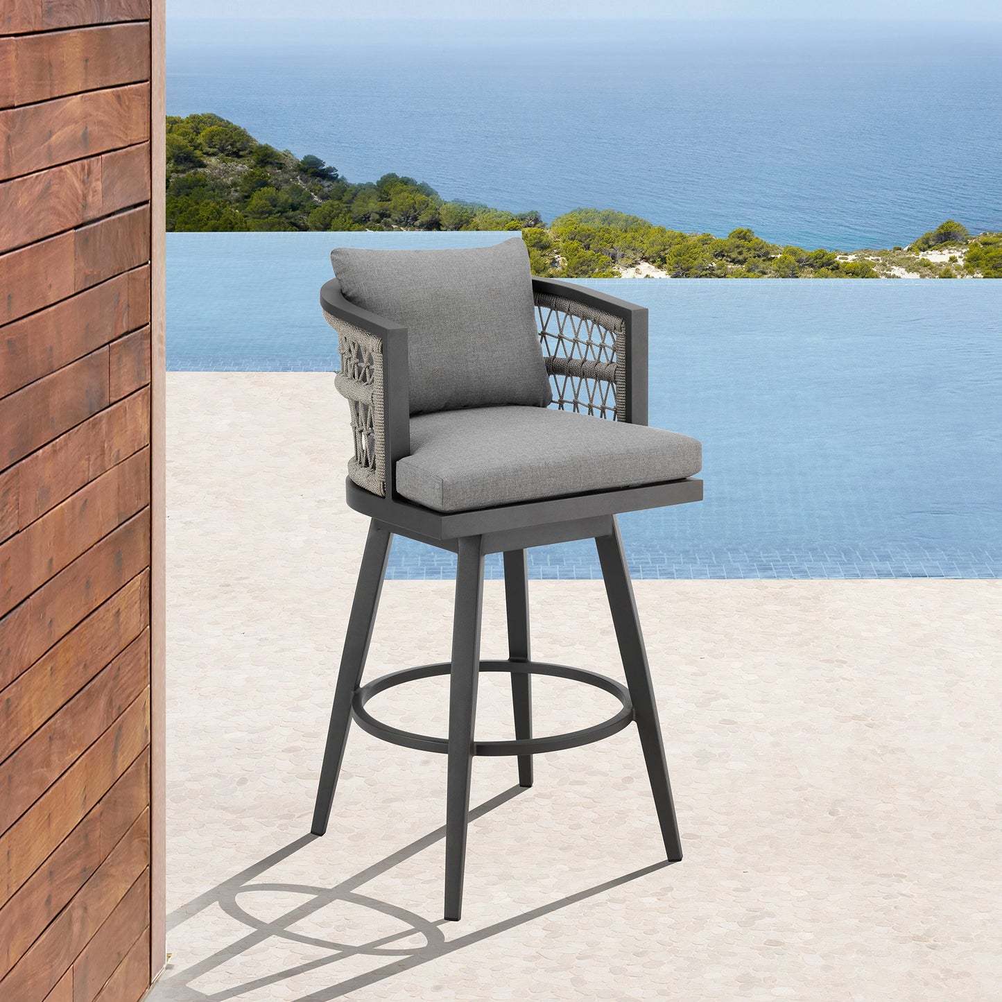 Zella Outdoor Patio Swivel and Counter Stool in Aluminum with Light Gray Rope and Cushions
