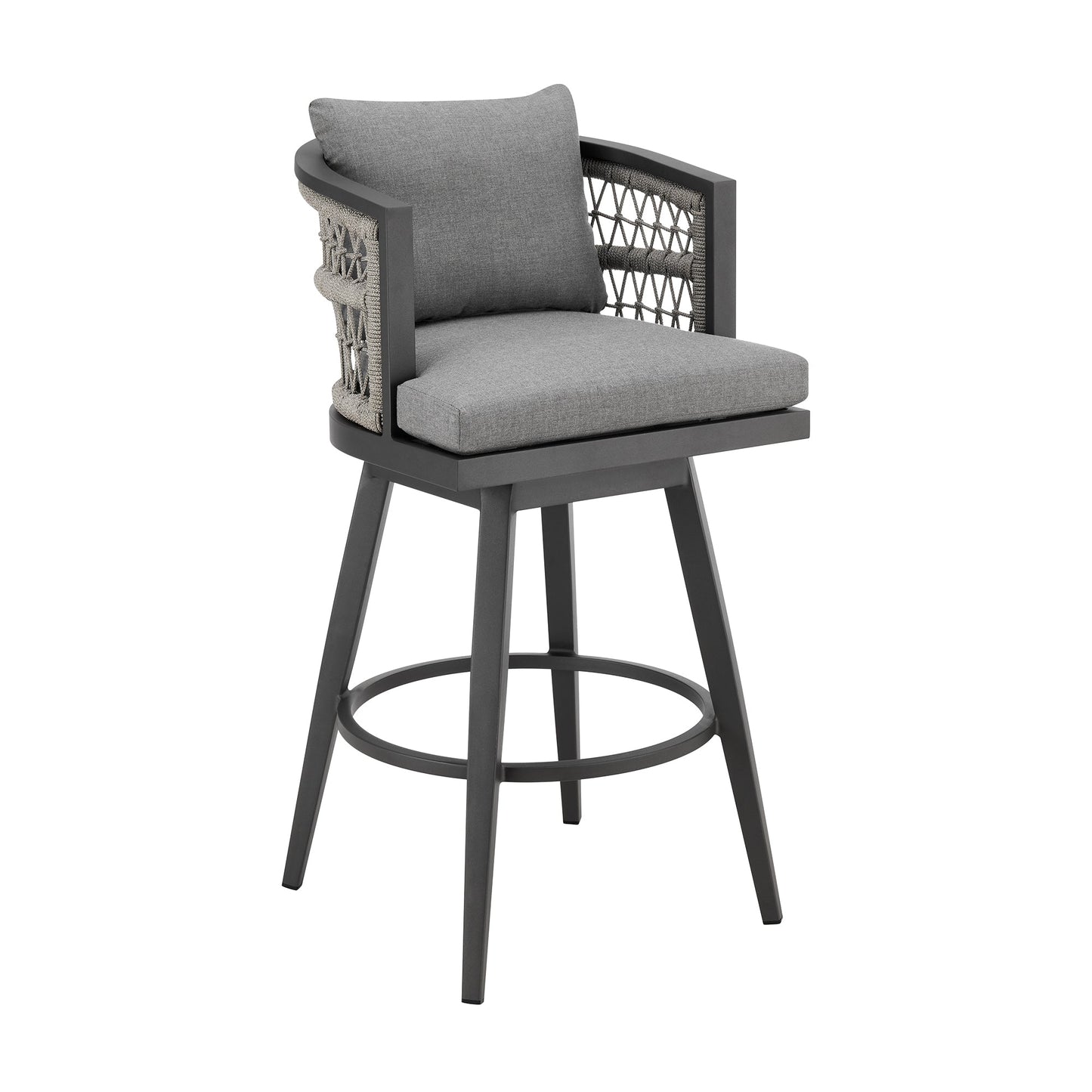 Zella Outdoor Patio Swivel and Counter Stool in Aluminum with Light Gray Rope and Cushions