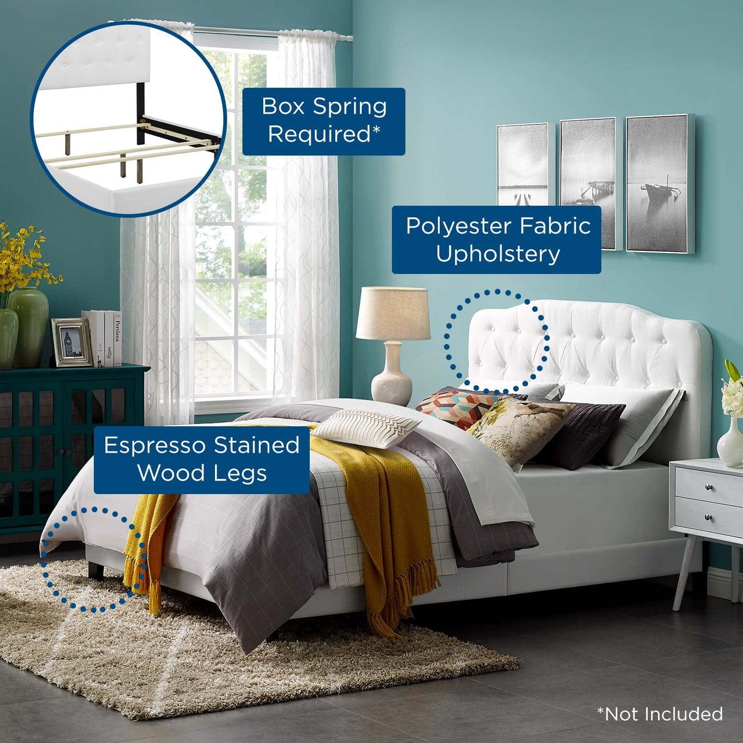 Amelia Twin Upholstered Fabric Bed White MOD-5838-WHI