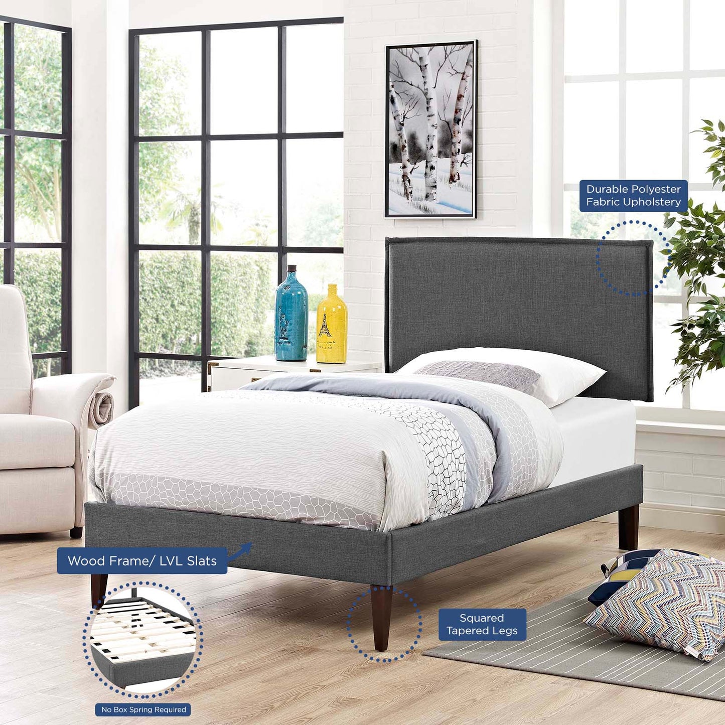 Amaris Twin Fabric Platform Bed with Squared Tapered Legs Gray MOD-5906-GRY