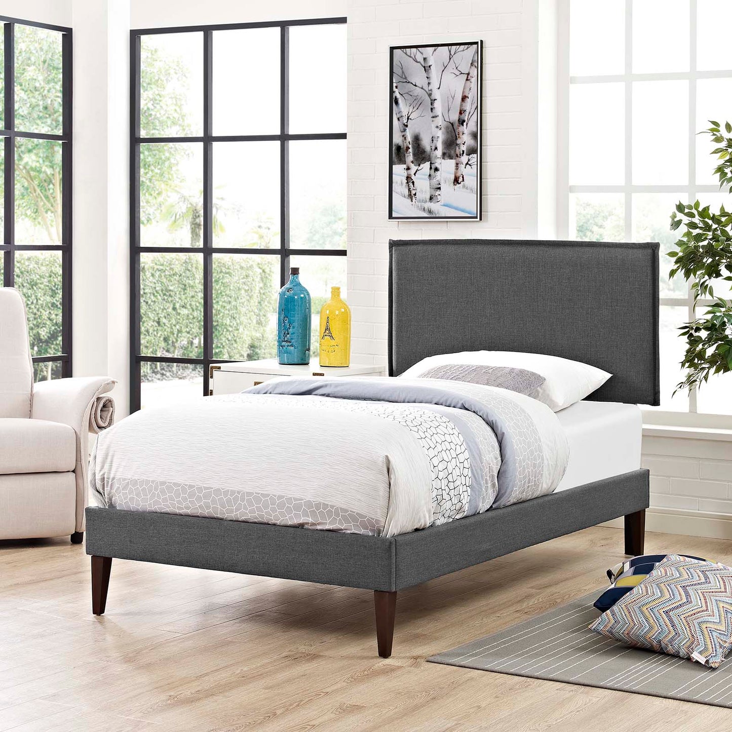 Amaris Twin Fabric Platform Bed with Squared Tapered Legs Gray MOD-5906-GRY