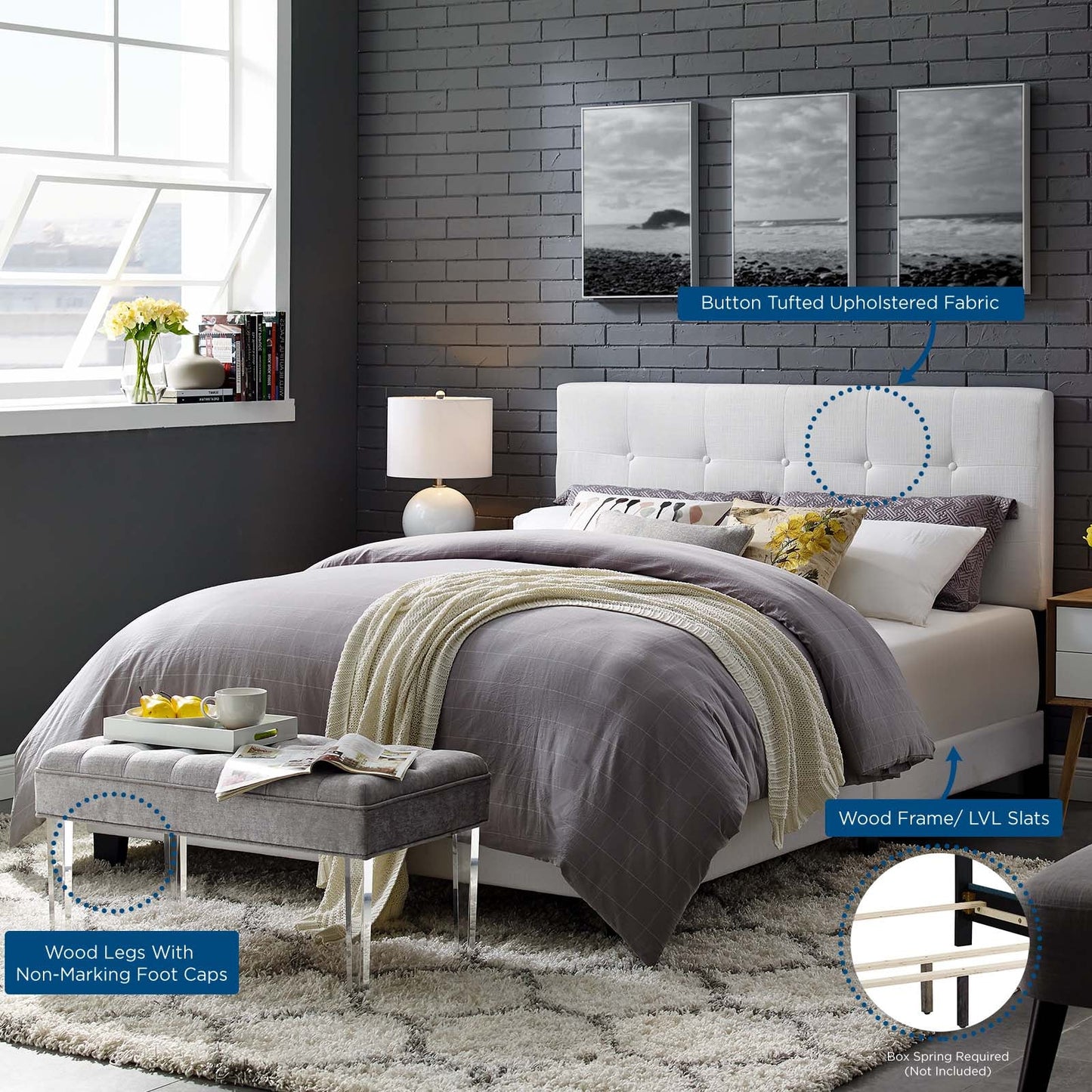 Amira King Upholstered Fabric Bed White MOD-6002-WHI