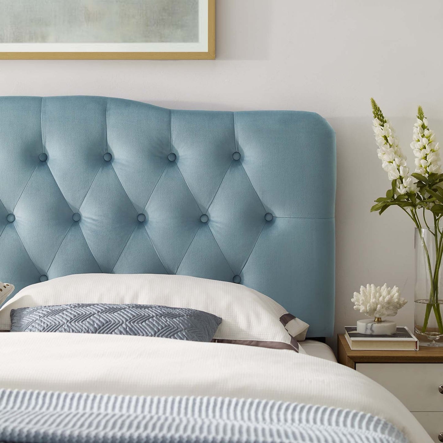 Annabel Queen Diamond Tufted Performance Velvet Headboard Light Blue MOD-6129-LBU