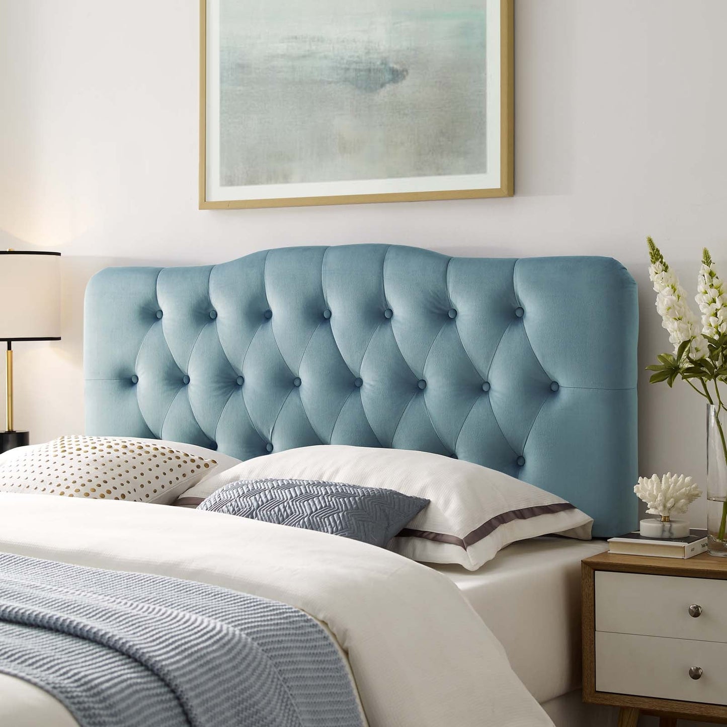Annabel Queen Diamond Tufted Performance Velvet Headboard Light Blue MOD-6129-LBU