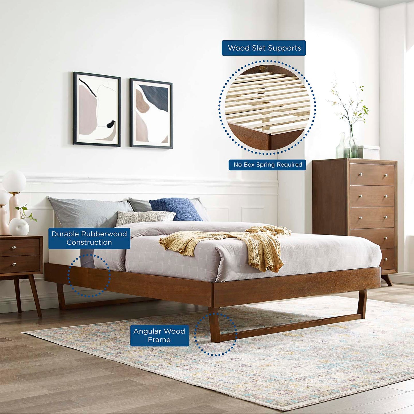 Billie Wood Platform Bed Frame - Twin, Full, Queen, King - Walnut & Black Options
