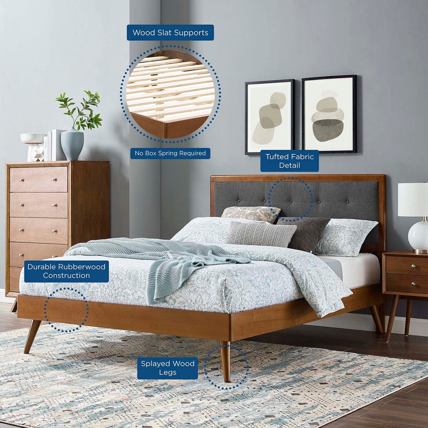 Willow Wood Platform Bed with Splayed Legs and Angular Frame