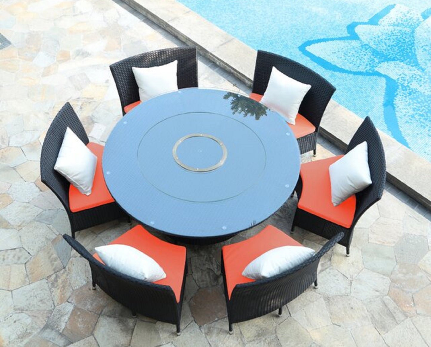 Manhattan Comfort Nightingdale Black 7-Piece Rattan Outdoor Dining Set with Orange and White Cushions OD-DS001-OR