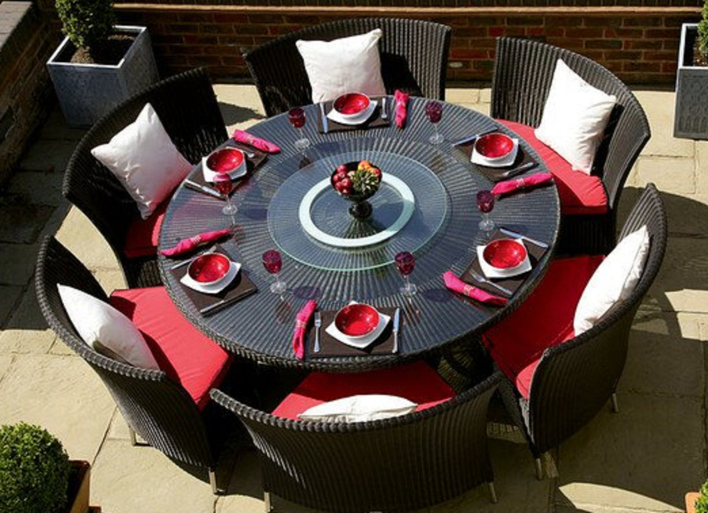 Manhattan Comfort Nightingdale Black 7-Piece Rattan Outdoor Dining Set with Red and White Cushions OD-DS001-RD