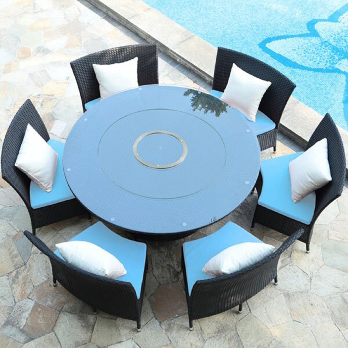 Manhattan Comfort Nightingdale Black 7-Piece Rattan Outdoor Dining Set with Sky Blue and White Cushions OD-DS001-SB