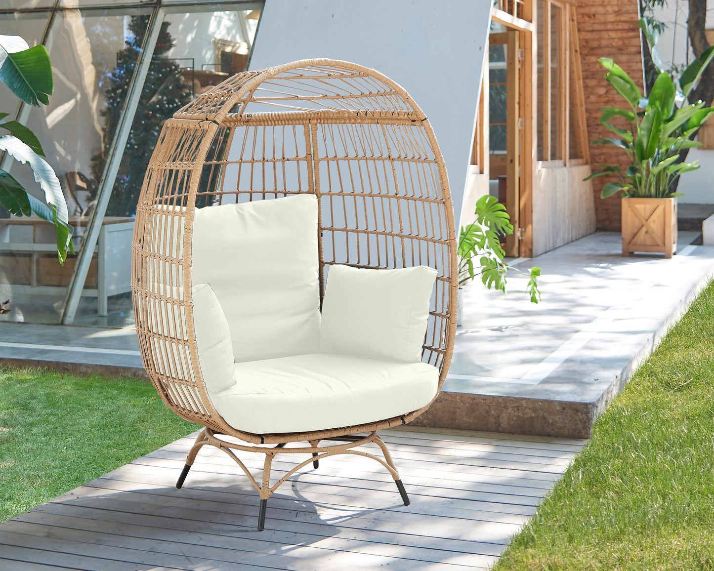 Manhattan Comfort Spezia Freestanding Steel and Rattan Outdoor Egg Chair with Cushions in Cream OD-HC002-CR