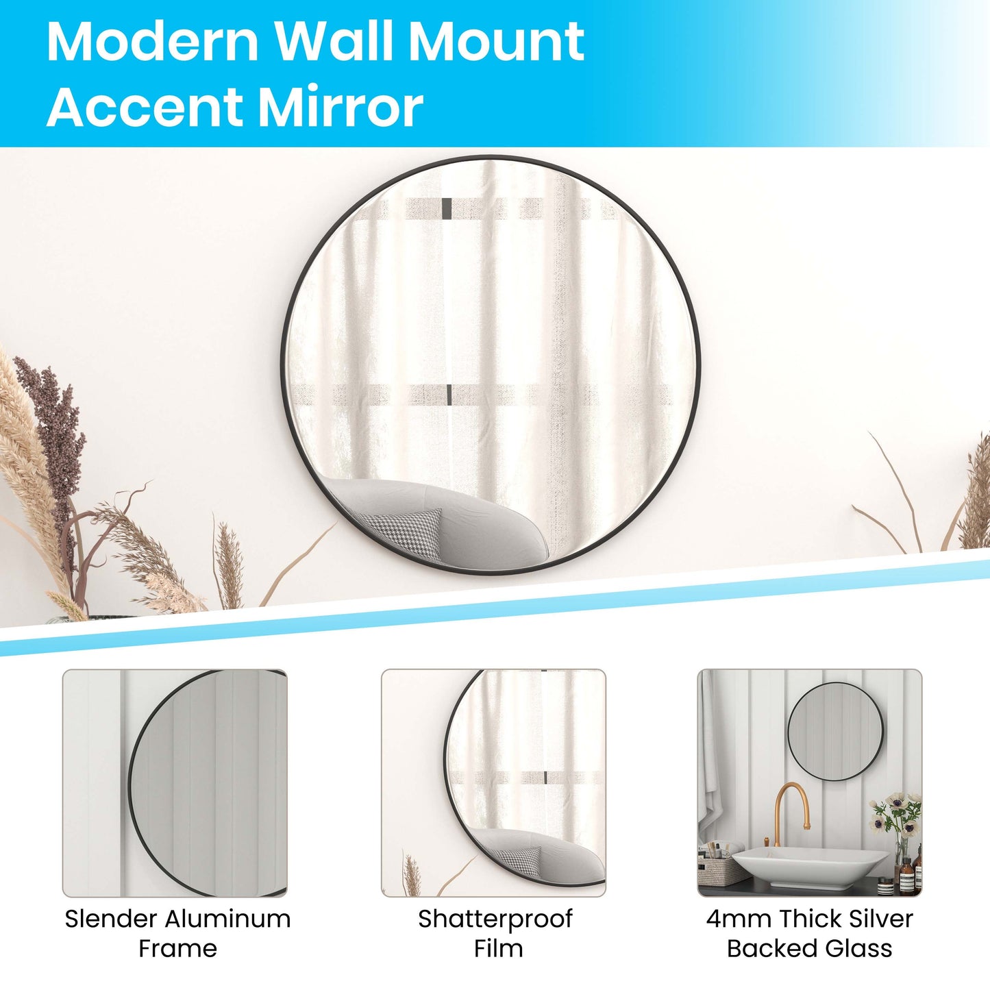 Black 20" Round Wall Mirror RH-M003-RD50MB-BK-GG