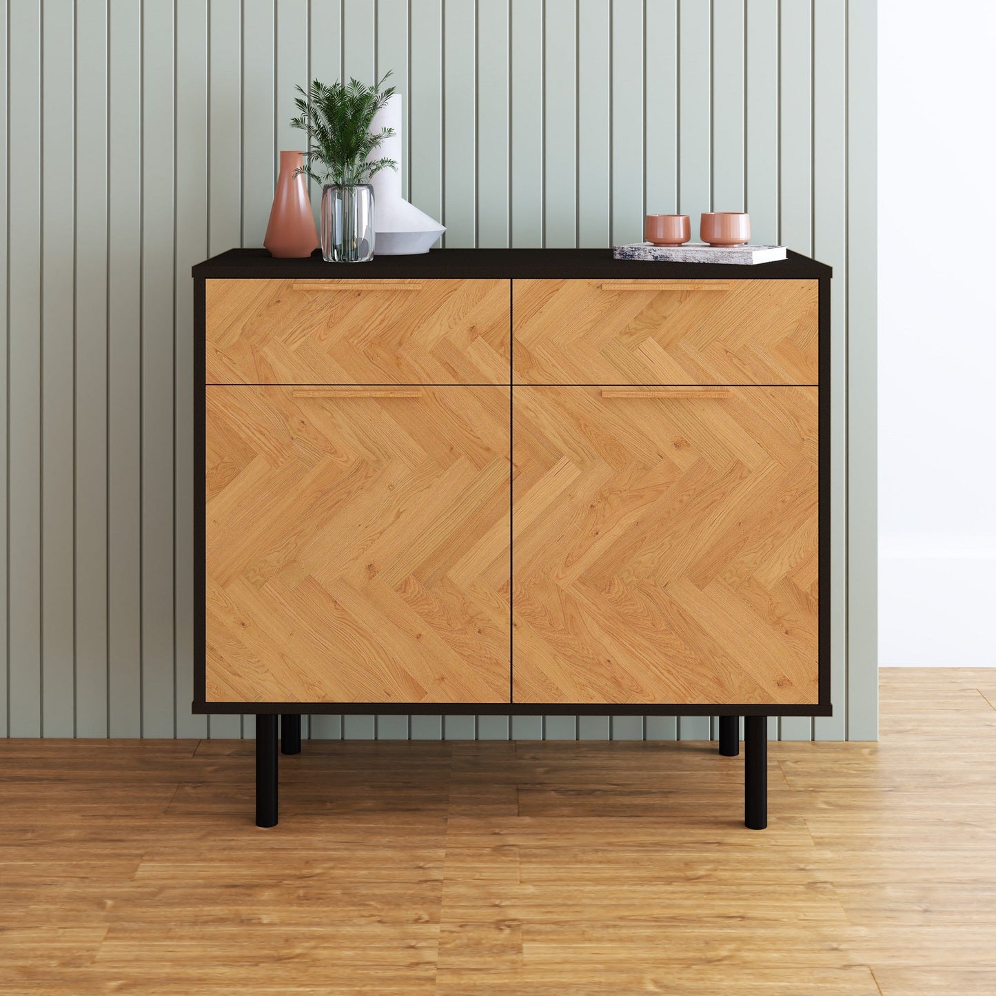 Manhattan Comfort Mid-Century Modern Liam Sideboard with 4 Shelves in Black and Wood SB-311AMC247