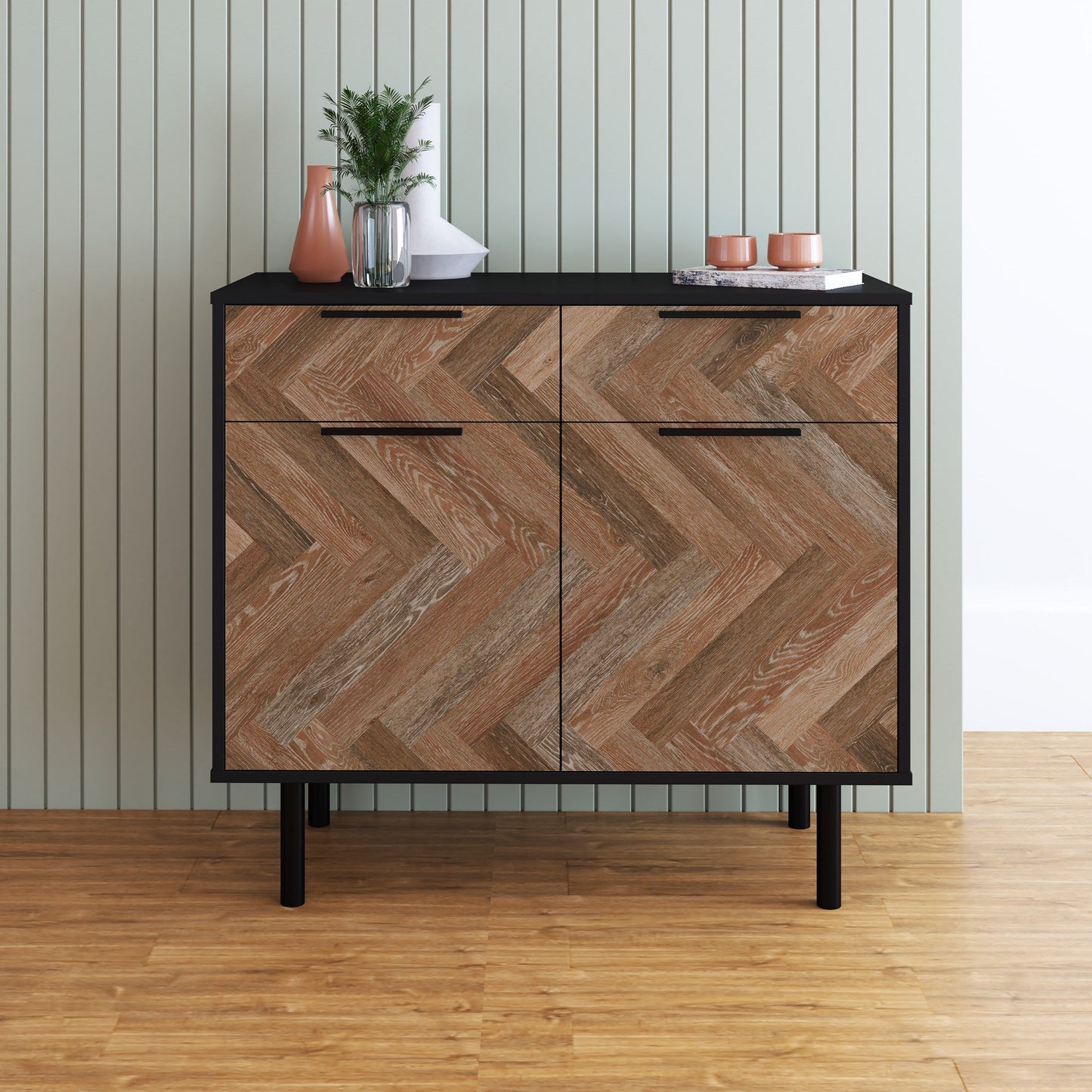 Manhattan Comfort Mid-Century Modern Liam Sideboard with 4 Shelves in Black and Brown SB-311AMC248