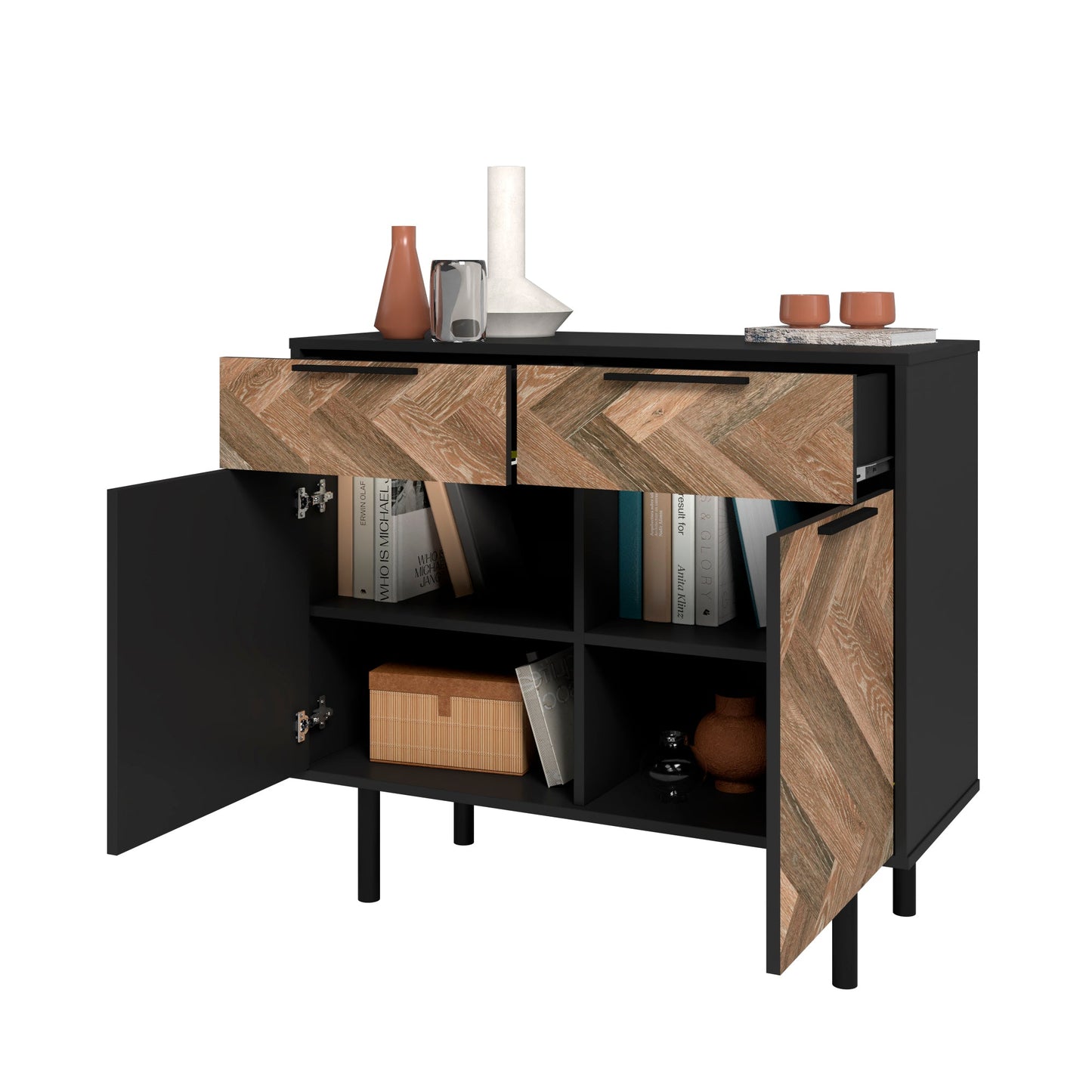 Manhattan Comfort Mid-Century Modern Liam Sideboard with 4 Shelves in Black and Brown SB-311AMC248