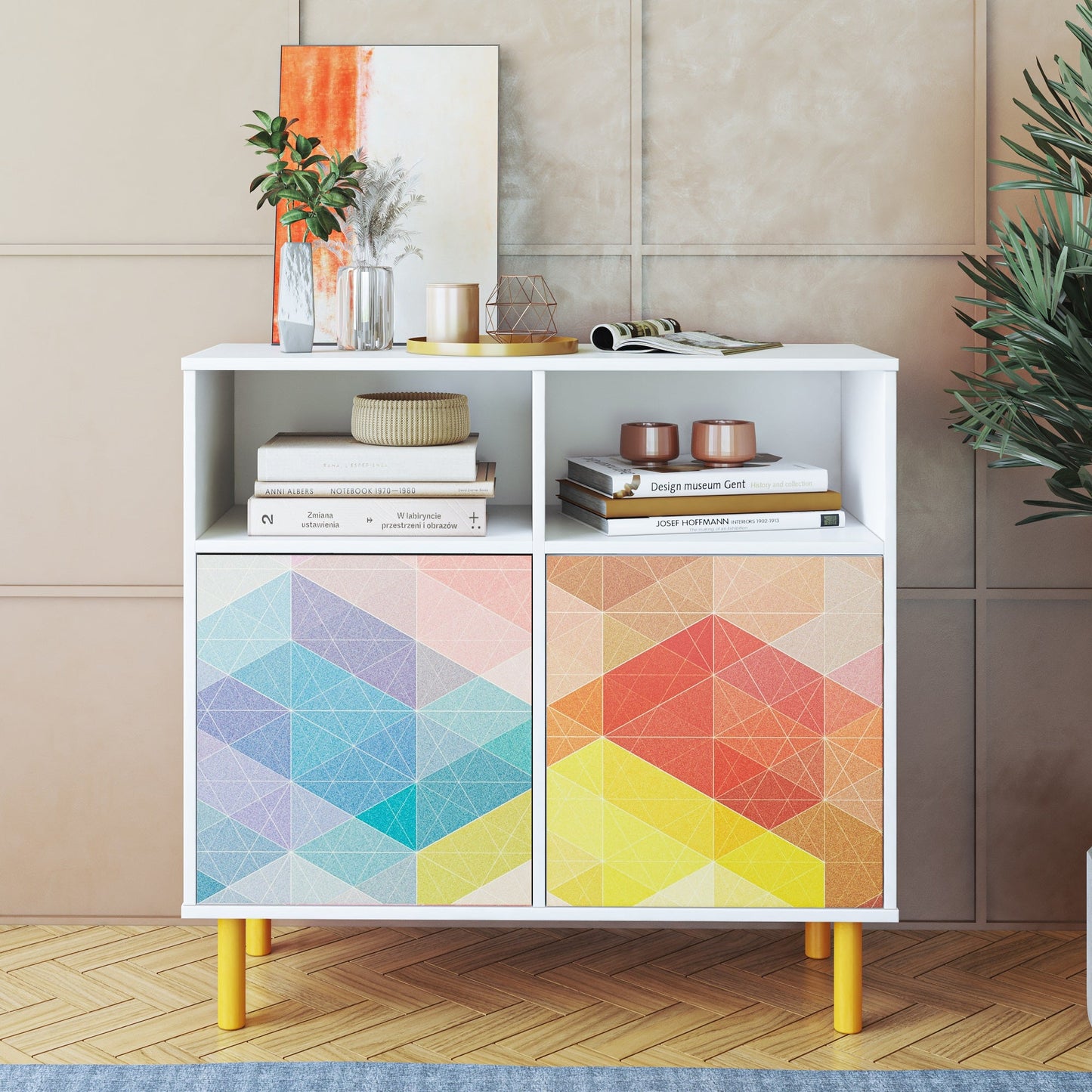 Manhattan Comfort Mid-Century Modern Retro Sideboard with 6 Shelves in White and Multi Color Red, Yellow, Blue Print SB-313AMC132