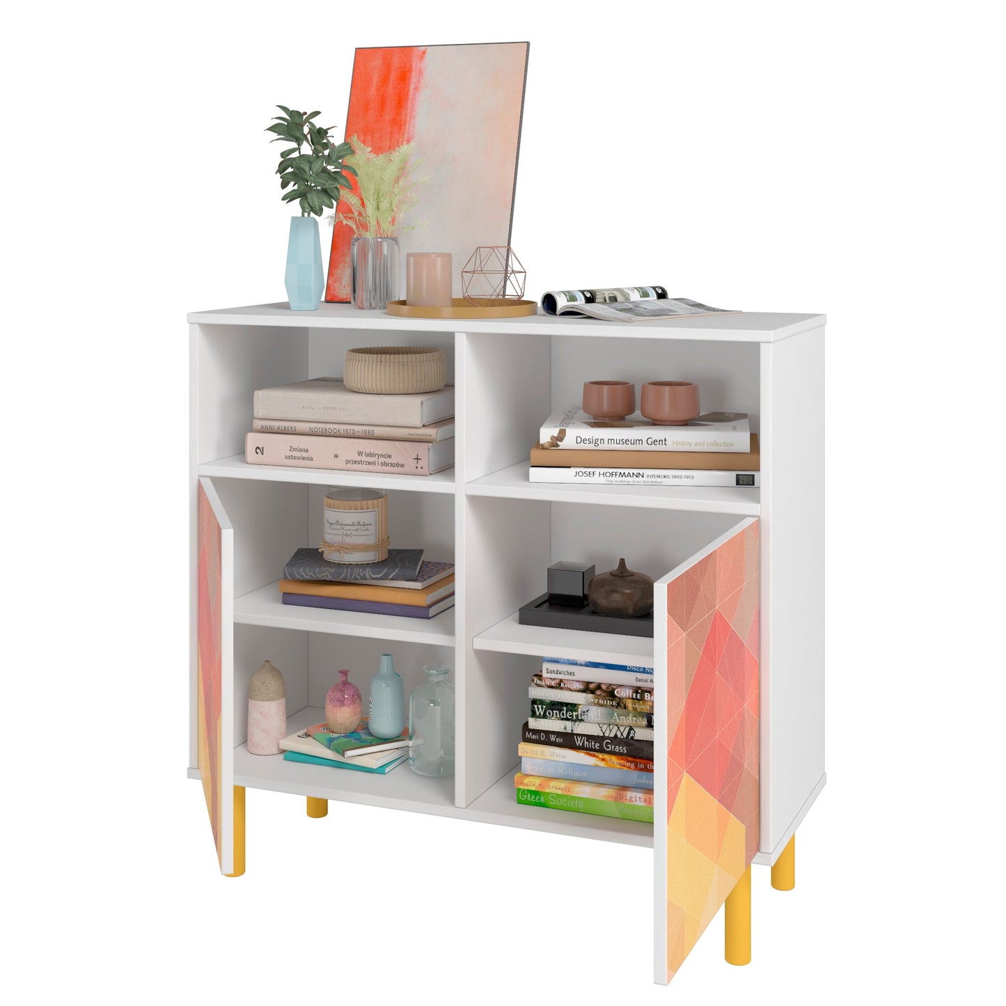 Manhattan Comfort Mid-Century Modern Retro Sideboard with 6 Shelves in White and Multi Color Red, Yellow, Blue Print SB-313AMC132