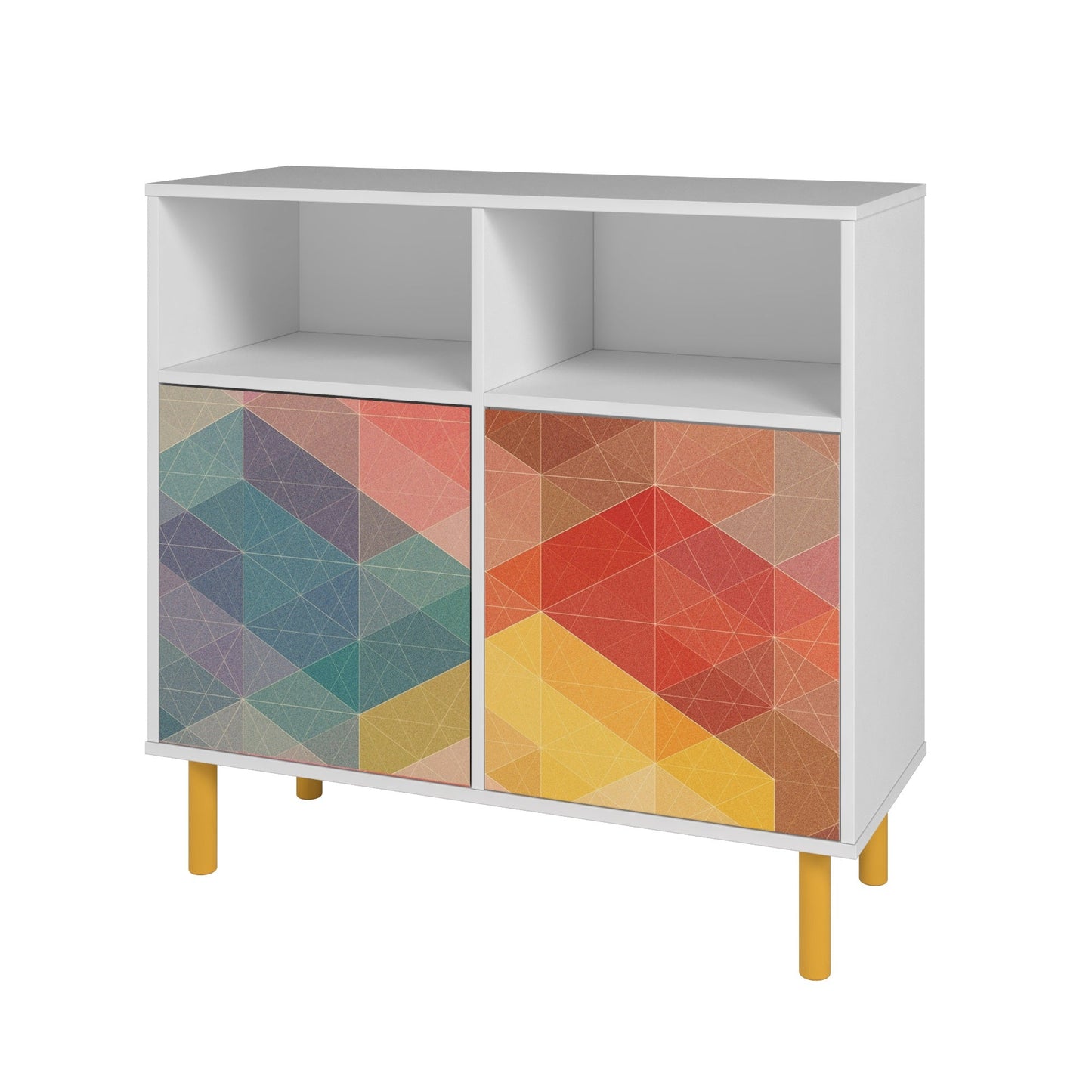 Manhattan Comfort Mid-Century Modern Retro Sideboard with 6 Shelves in White and Multi Color Red, Yellow, Blue Print SB-313AMC132