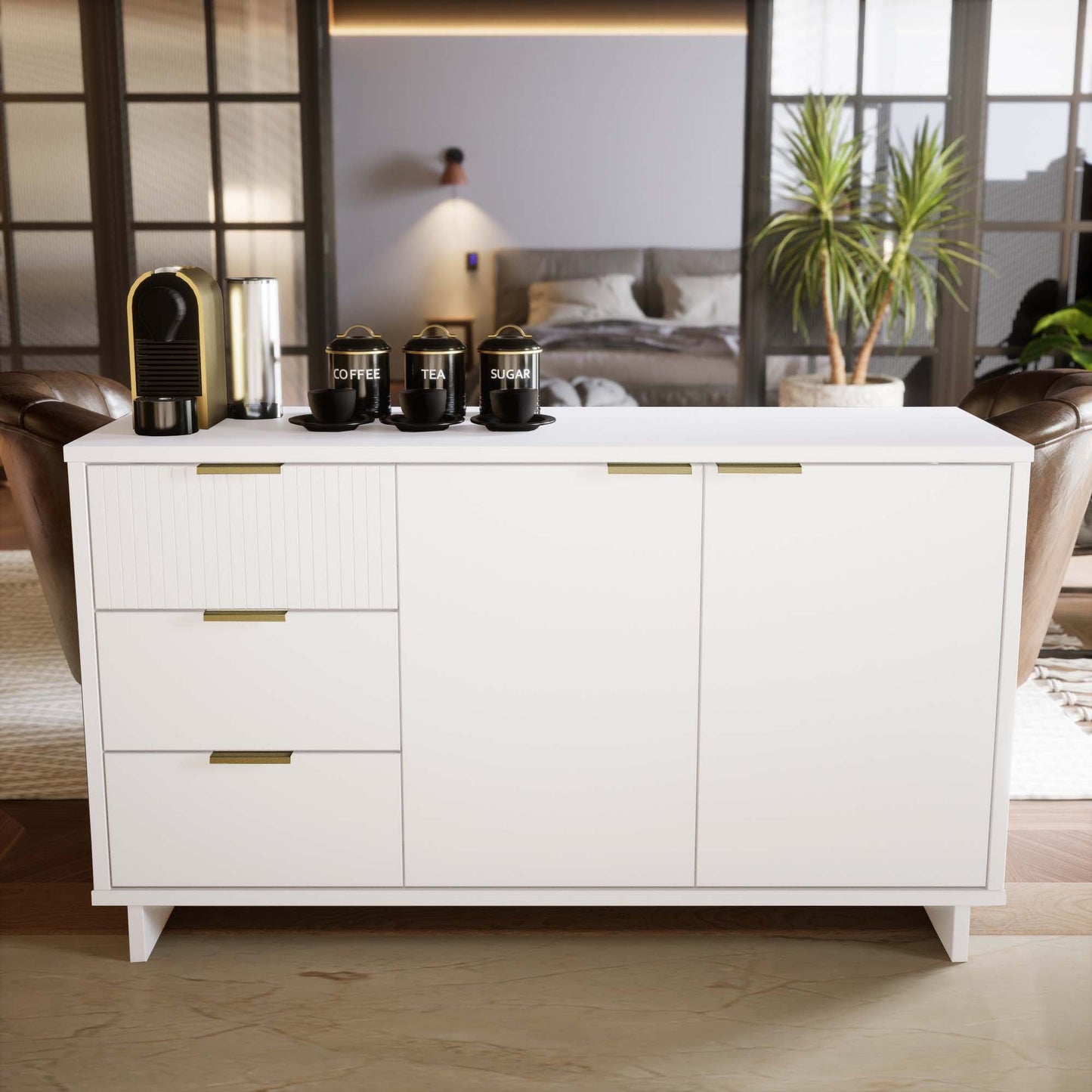 Manhattan Comfort Granville 55.07" Modern Sideboard with 3 Full Extension Drawers in White SB-5001