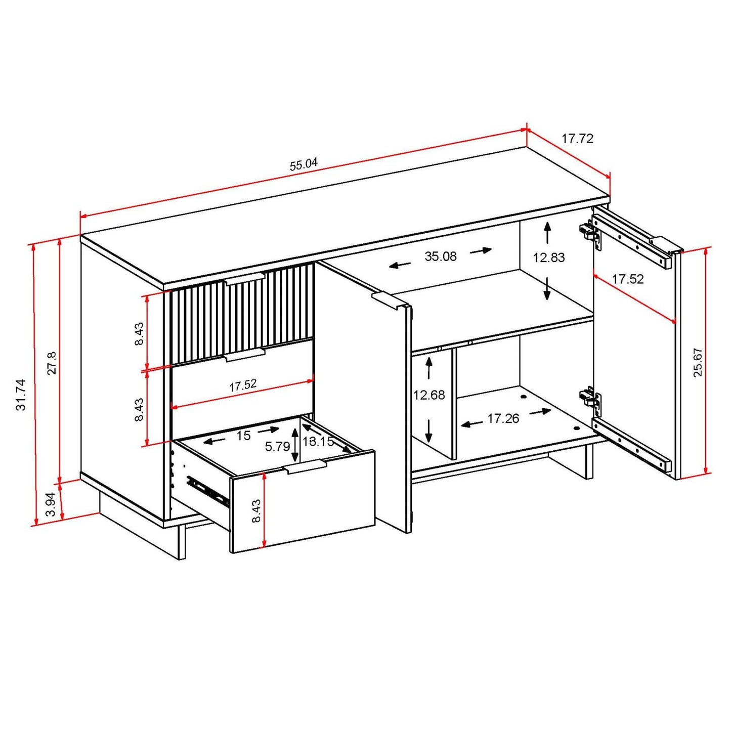 Manhattan Comfort Granville 55.07" Modern Sideboard with 3 Full Extension Drawers in White SB-5001