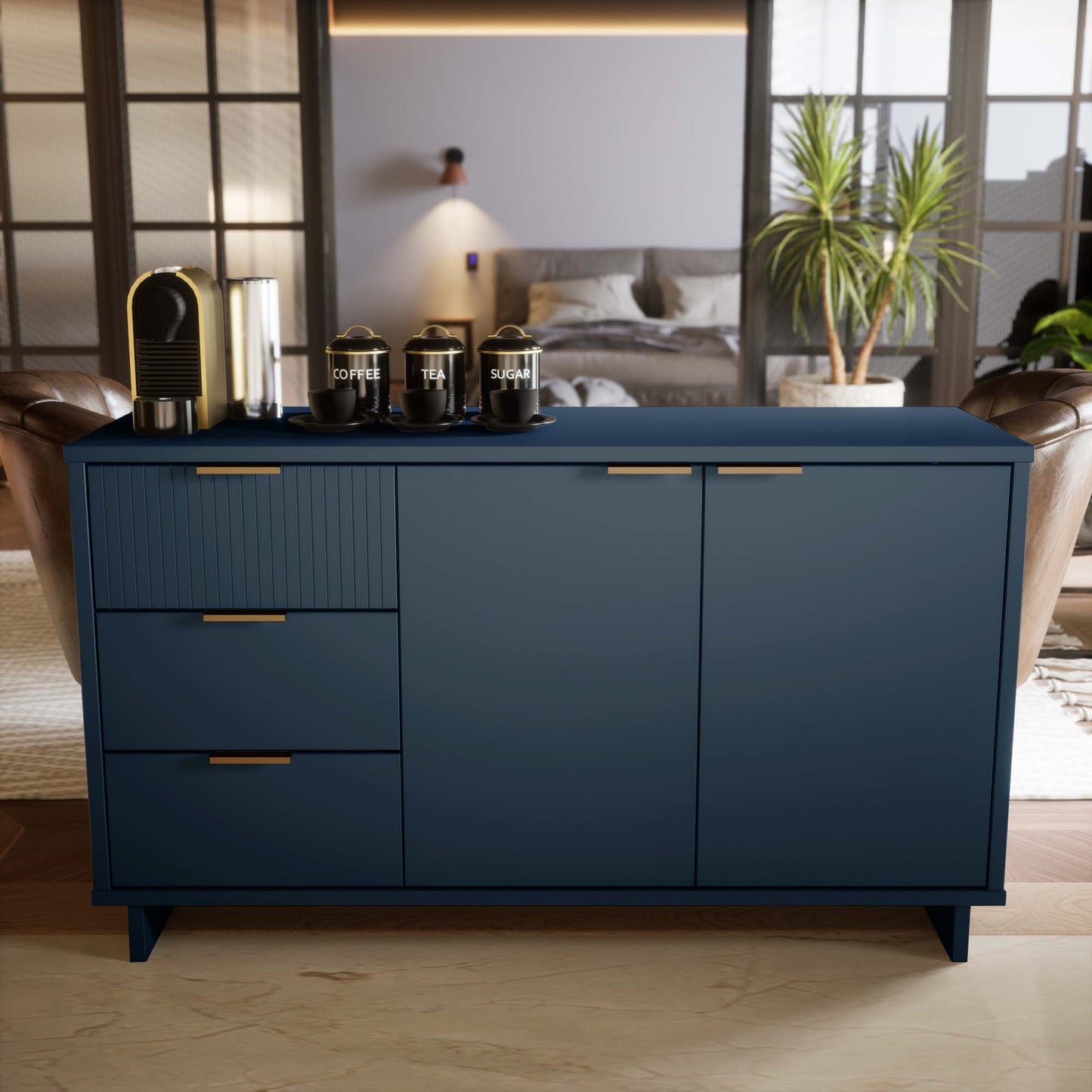 Manhattan Comfort Granville 55.07" Modern Sideboard with 3 Full Extension Drawers in Midnight Blue SB-5004