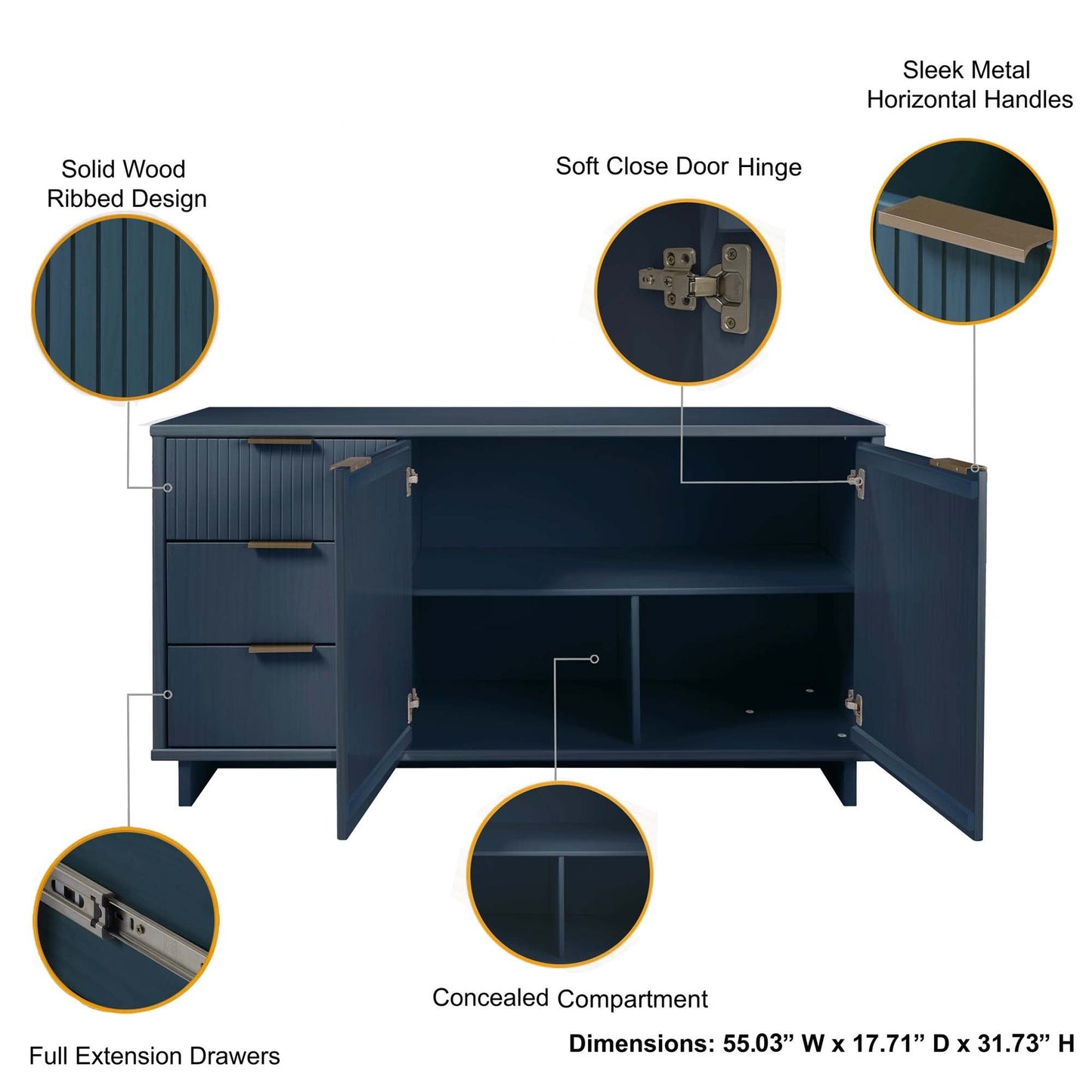 Manhattan Comfort Granville 55.07" Modern Sideboard with 3 Full Extension Drawers in Midnight Blue SB-5004